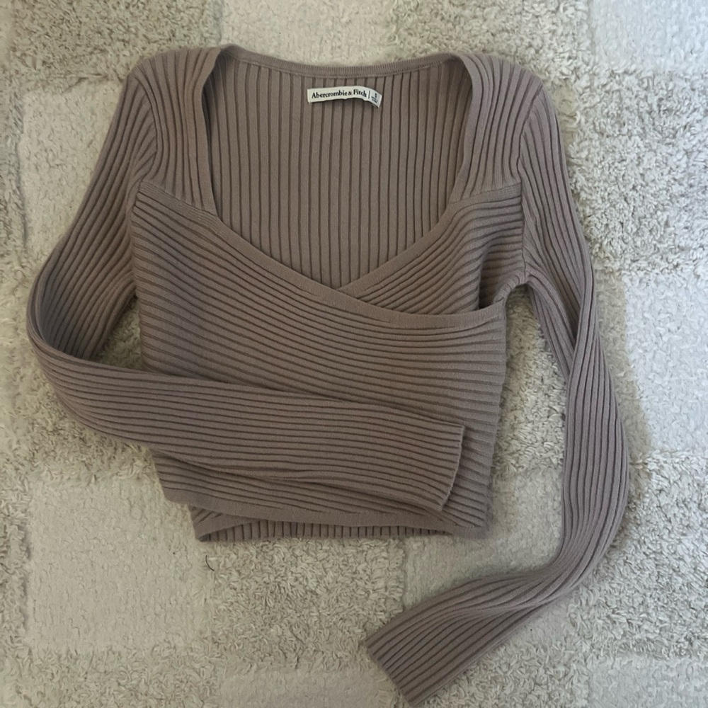 Abercrombie & Fitch Taupe Ribbed Wrap-Style Women's Top